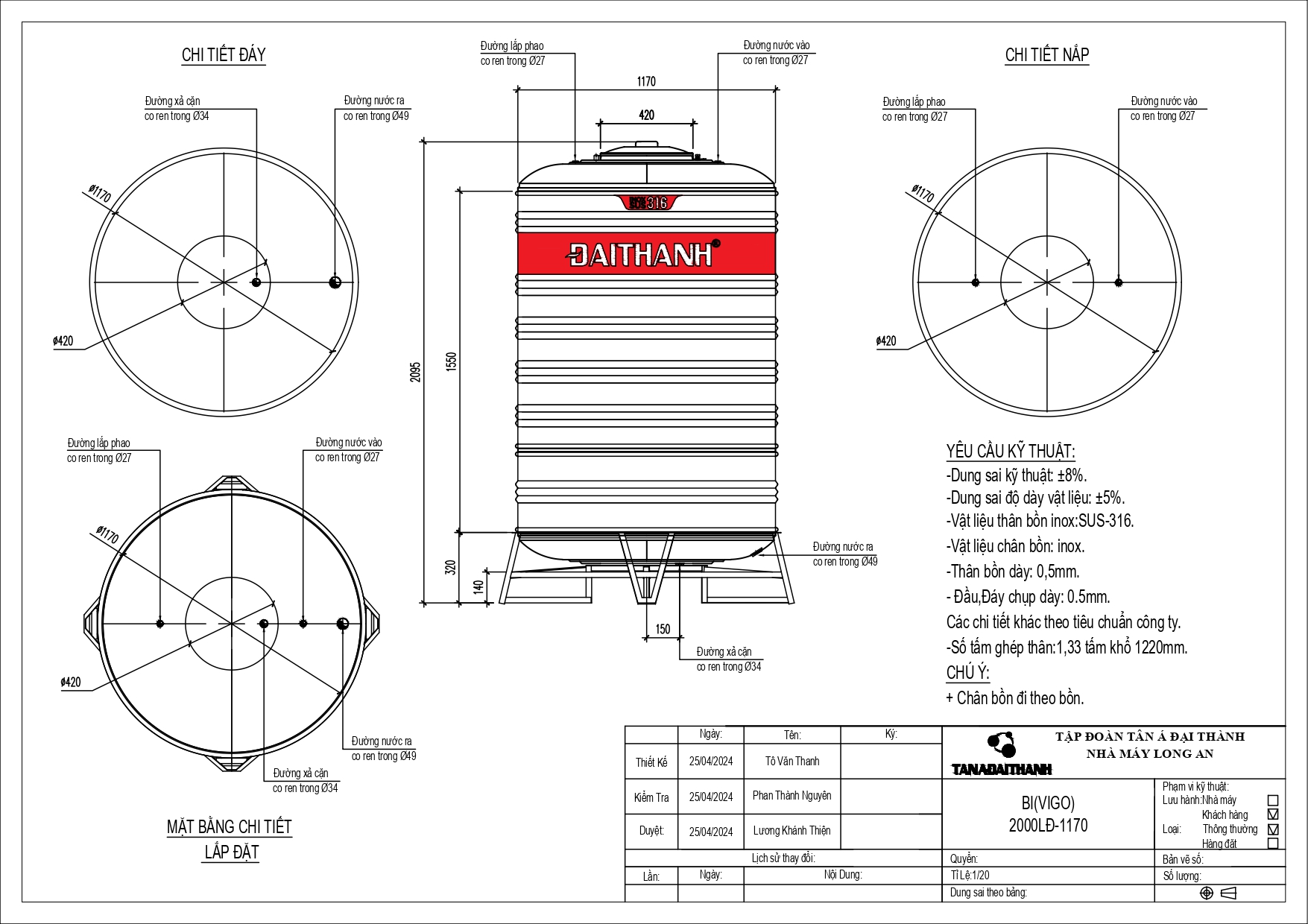 bồn nước inox 2000 lít SUS 316
